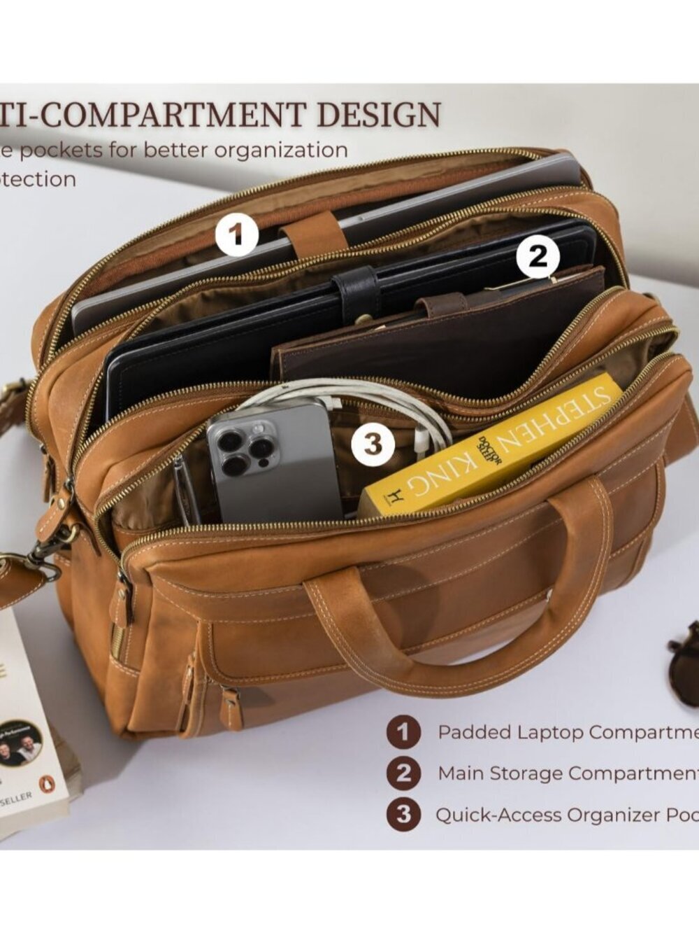 Men's Tan Genuine Leather Vintage Adjustable Strap Stylish Messenger Hand Bag - Picture 3 of 6